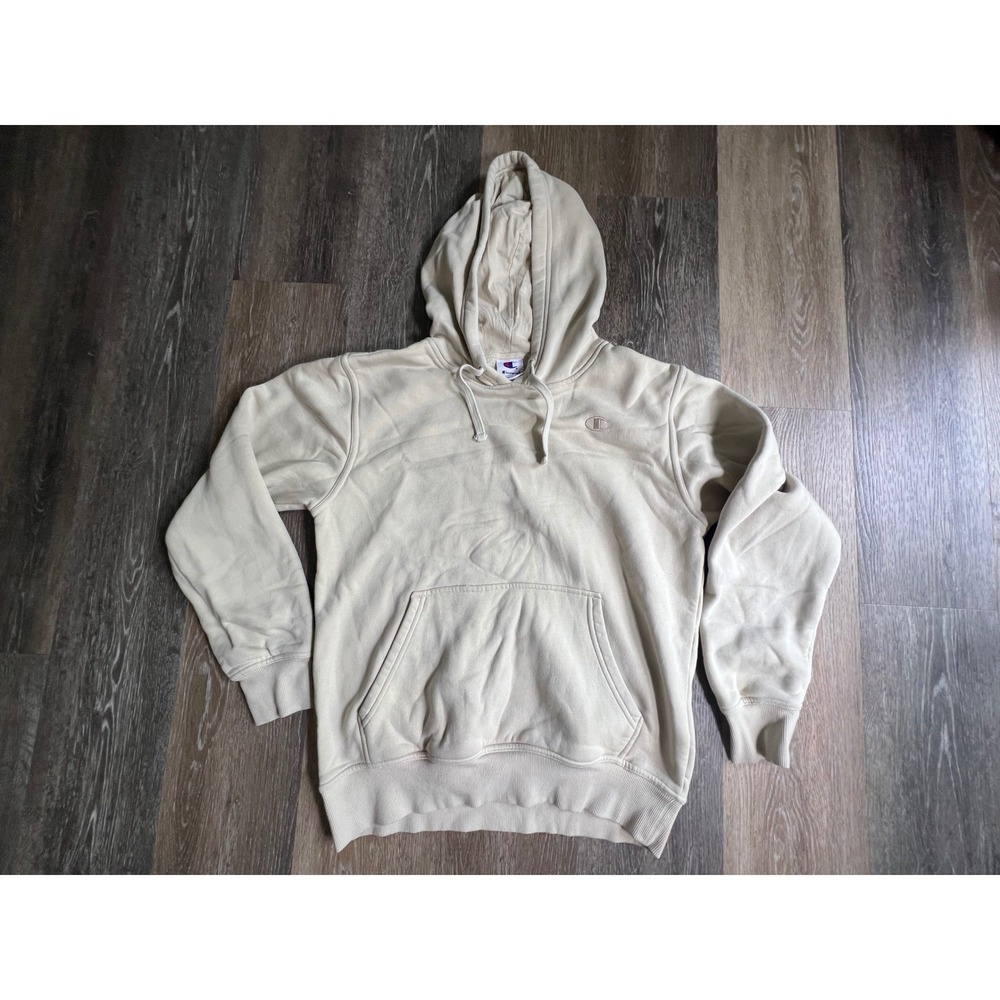 Champion Hoodie Mens Small Beige Powerblend Pullover Fleece C Logo Sweatshirt